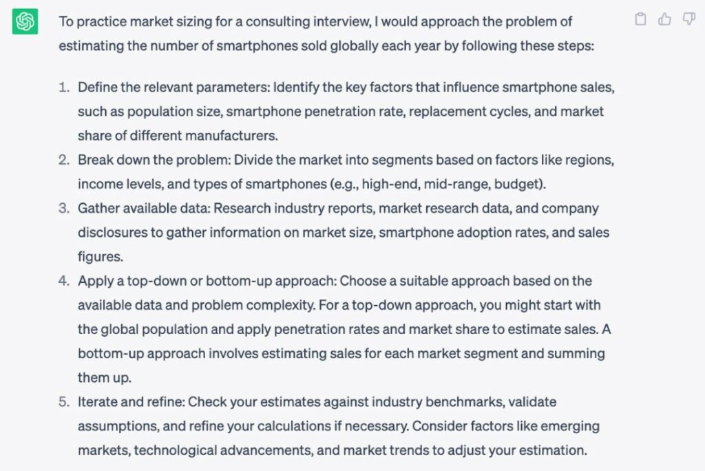 Practicing market sizing with ChatGPT for a consulting case interview