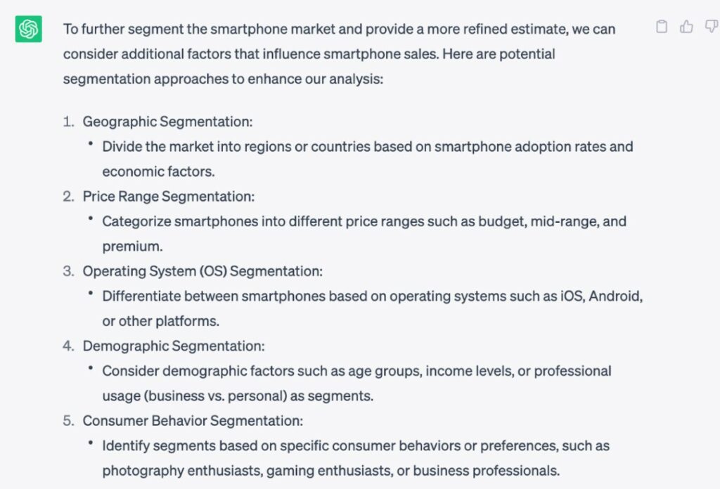 Segmentation suggestions for a sizing problem with ChatGPT for a consulting case interview